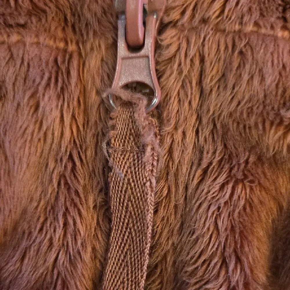 Brown Fleece Zip-Up Jacket with Stand-Up Collar